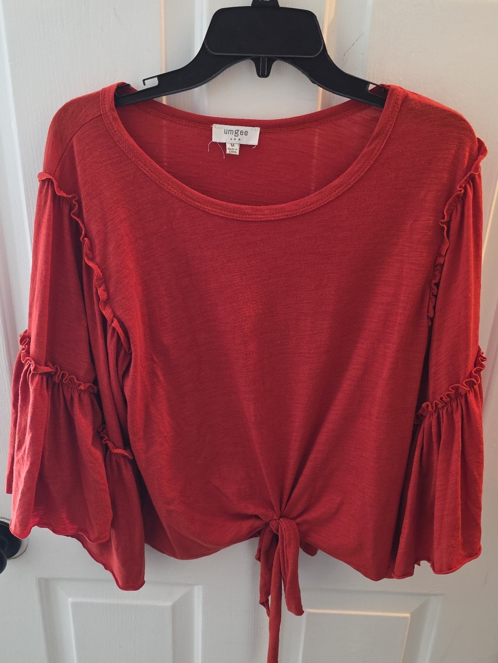 Umgee Rust Red Tie-Front Ruffle Sleeve Tunic Top